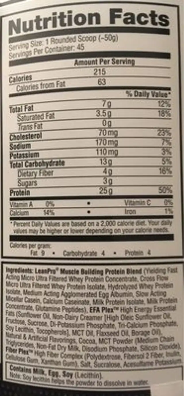 Lean Pro8 Lean Protein Blend - Chocolate nutrition facts table