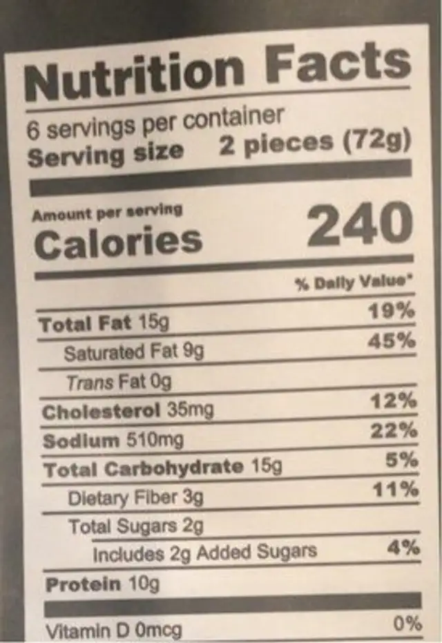 Proper tequeño nutrition facts table