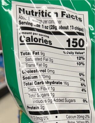 Ripple potato chips nutrition facts table