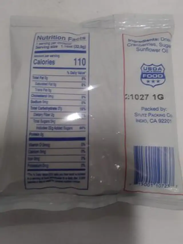 Dried cranberries nutrition facts table