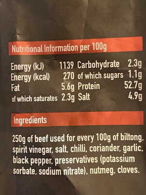 Biltong red hot chilli ingredients label