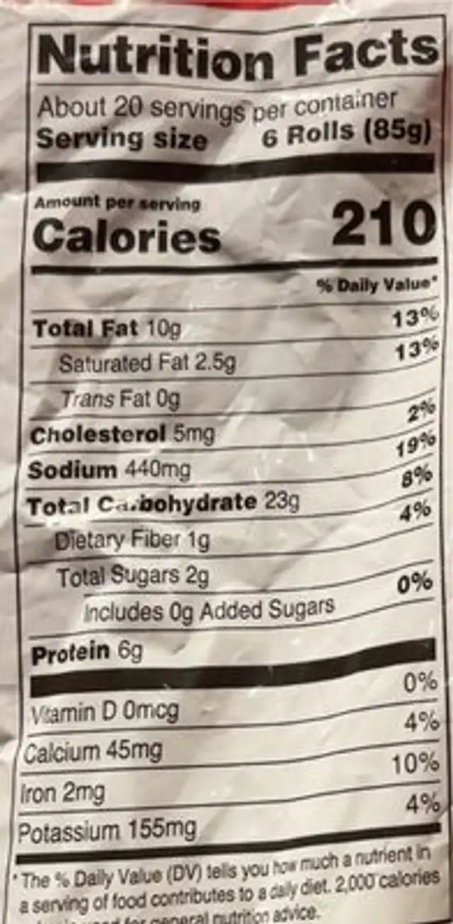 Pizza Snack Rolls nutrition facts table
