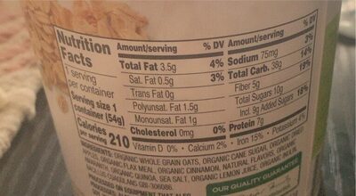 Organic Apple Cinnamon Oatmeal nutrition facts table