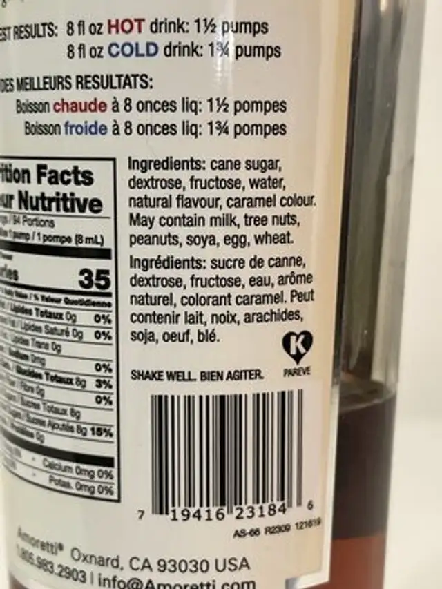 Amoretti Premium Syrups ingredients label