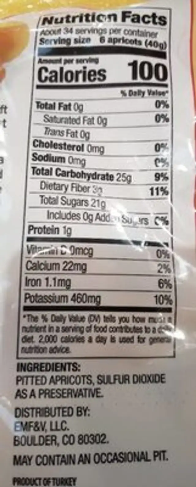Apricots Tree-Ripened & Sun-Dried nutrition facts table