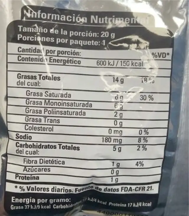 Lays original nutrition facts table
