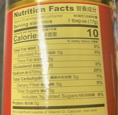 Oyster Sauce nutrition facts table