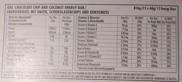 Clif Energy 12 Bars nutrition facts table