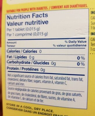 Édulcorant sans calories nutrition facts table