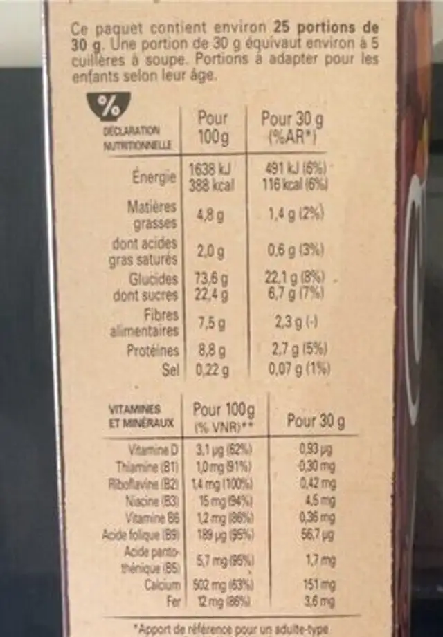 Chocapic maxi 750G nutrition facts table
