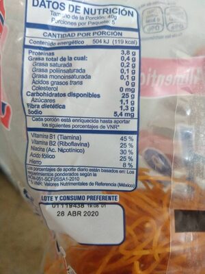 Fideos nutrition facts table