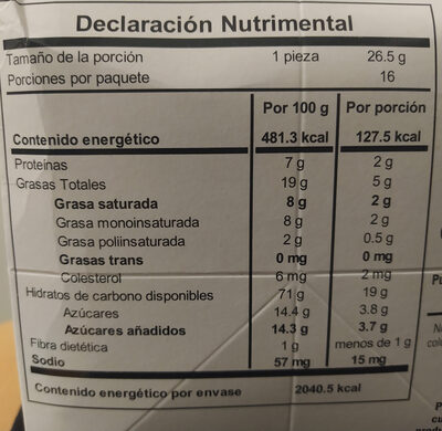 Galletas lilí con nuez nutrition facts table