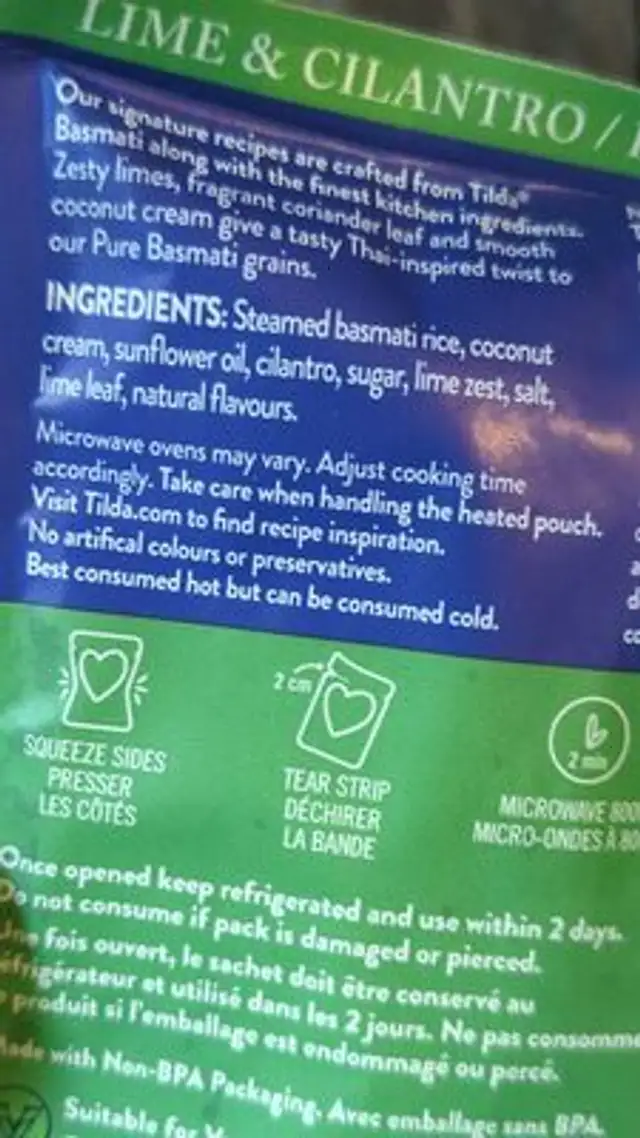 Steamed Lime & Cilantro Basmati Rice ingredients label