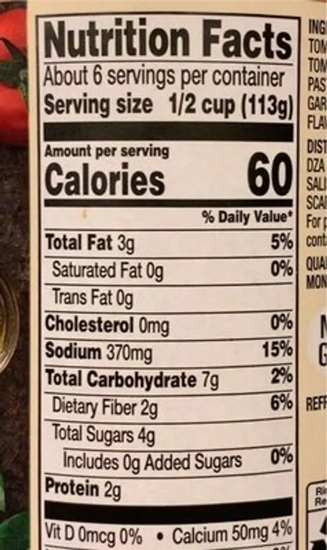 Tomato Basil Pasta Sauce nutrition facts table