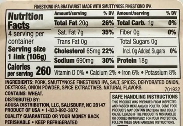 Finestkind IPA Bratwurst nutrition facts table