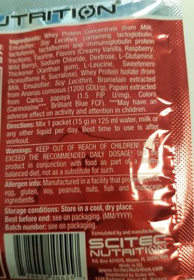 Whey Vanille Verry Berry ingredients label