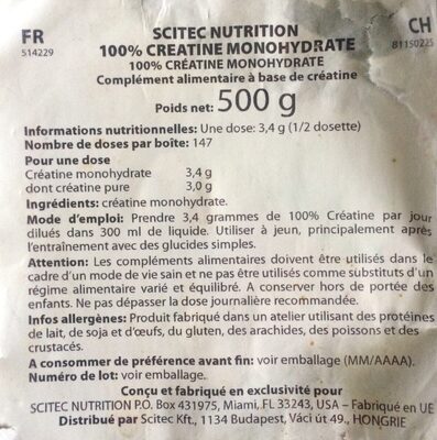 100% créatine monohydrate ingredients label