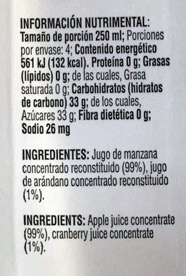 Tree Top 100% jugo de Manzana con jugo de Arándano ingredients label