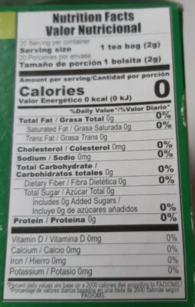 Té Verde nutrition facts table