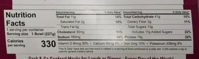 Salmon Teriyaki MicroSteam Bowl nutrition facts table