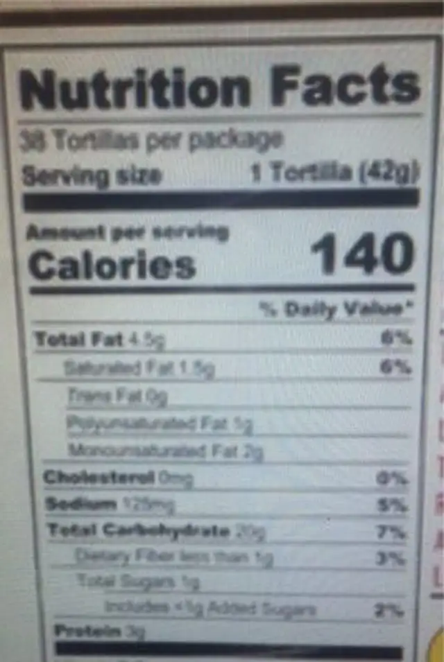 Organic flour tortillas nutrition facts table