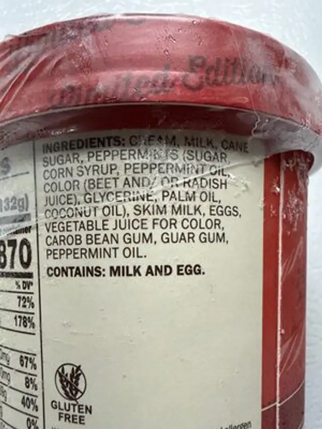 Peppermint stick handcrafted french pot ice cream, peppermint stick ingredients label