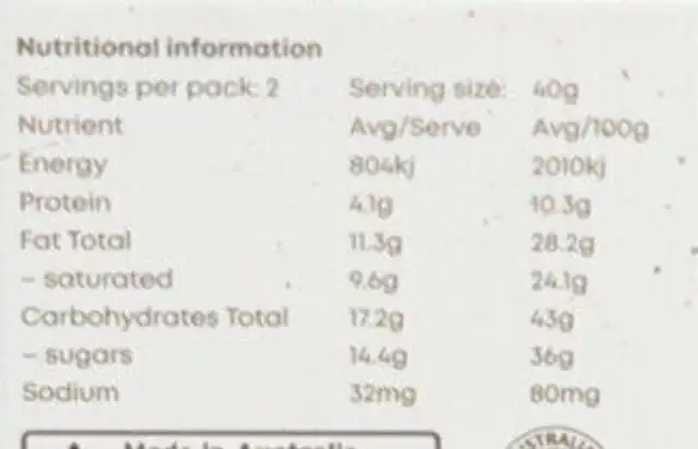 Chocolate ball nutrition facts table