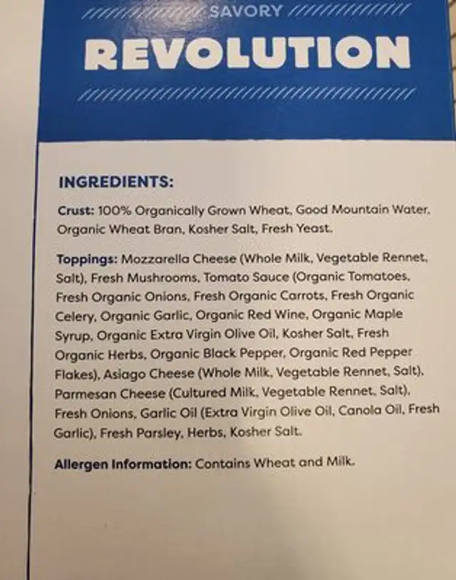 American flatbread handmade thin & crispy pizza ingredients label