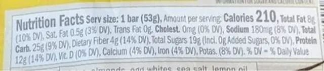 Performance bar Lemon nutrition facts table