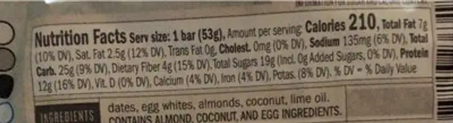 Performance protein bar coconut lime nutrition facts table