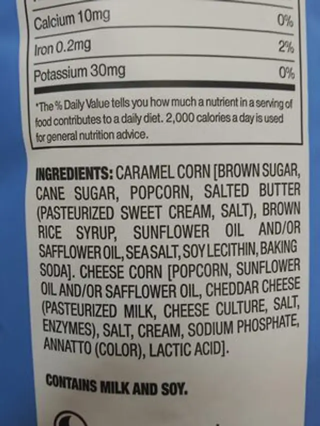 Popped corn ingredients label