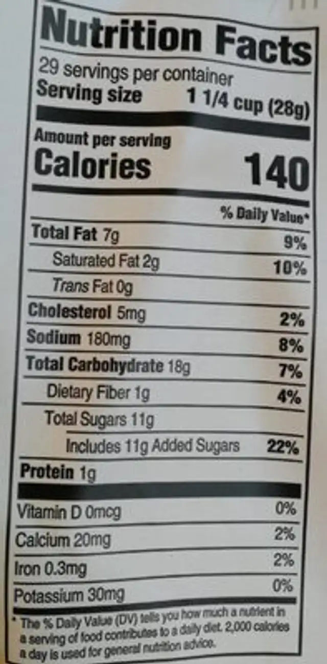 Popped corn nutrition facts table