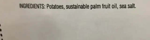 Potato chips ingredients label