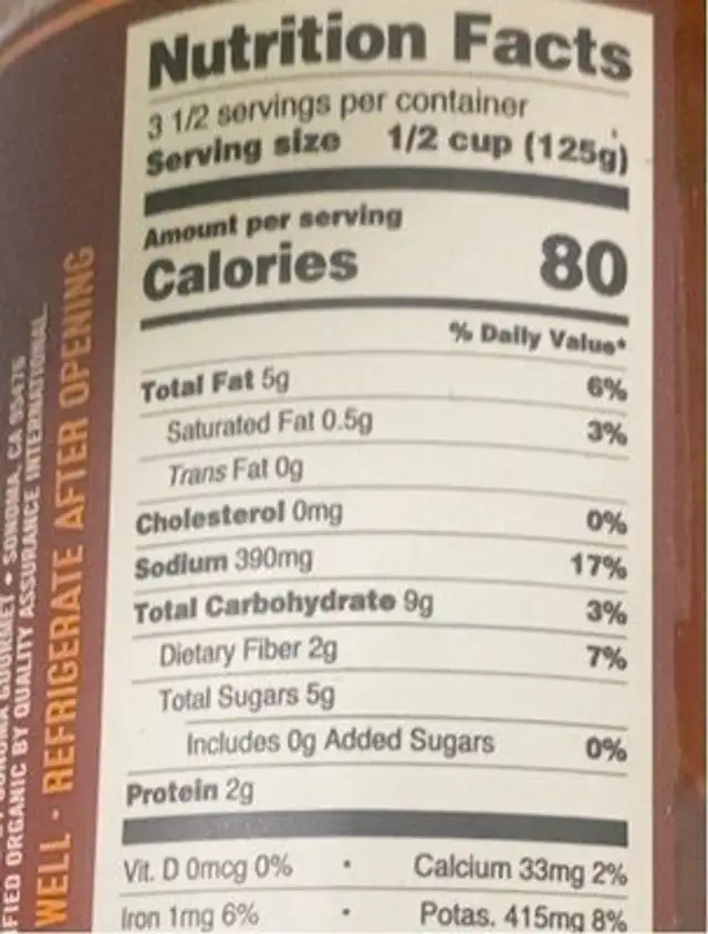 Organic Pasta Sauce Plum Tomato Marinara nutrition facts table