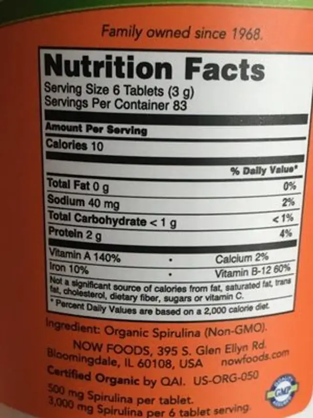 Certified Organic Spirulina Tablets ingredients label