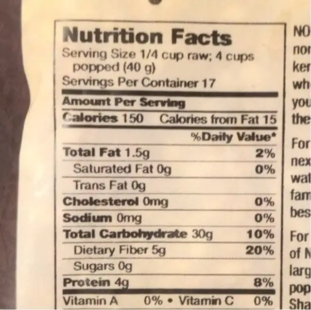 Organic popcorn nutrition facts table