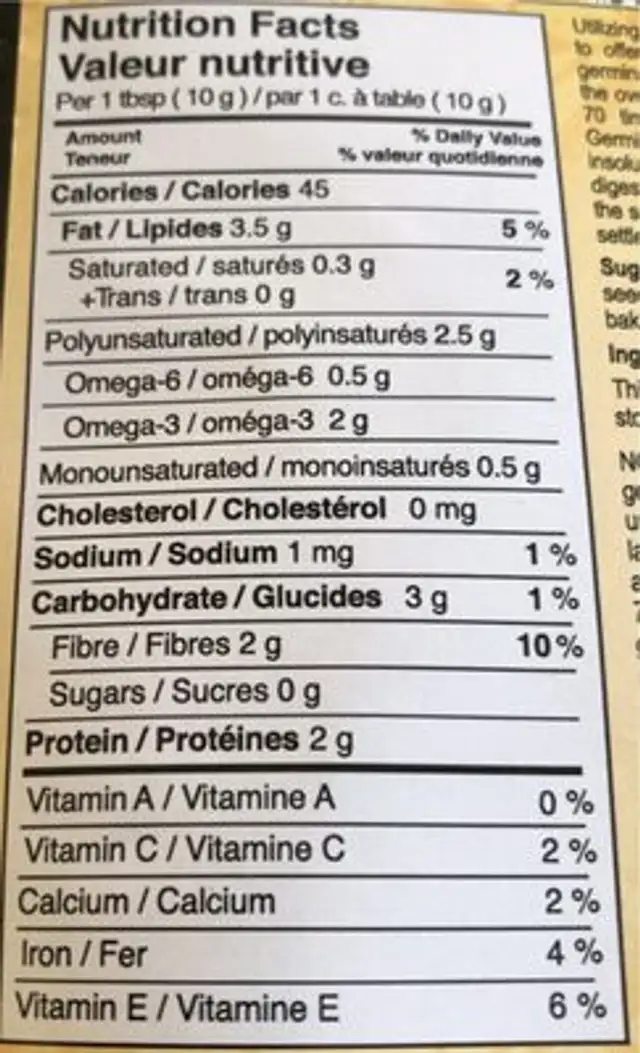 Graines de lin doré biologiques germées et moulues nutrition facts table