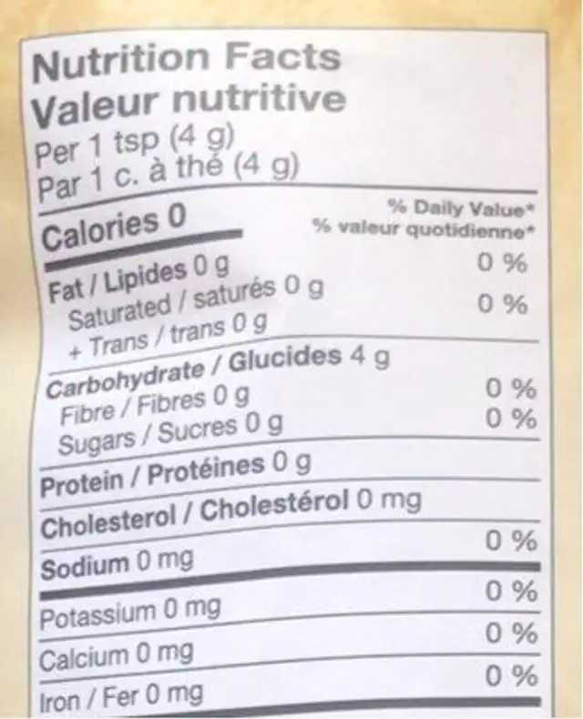 Erythritol nutrition facts table