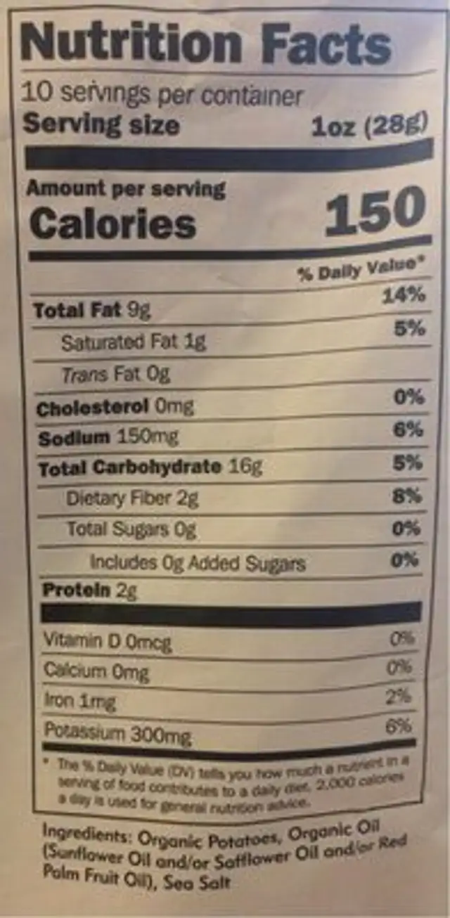 Organic Potato chips nutrition facts table