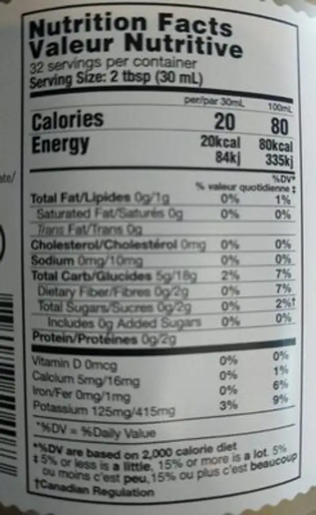 Organic ginger juice nutrition facts table