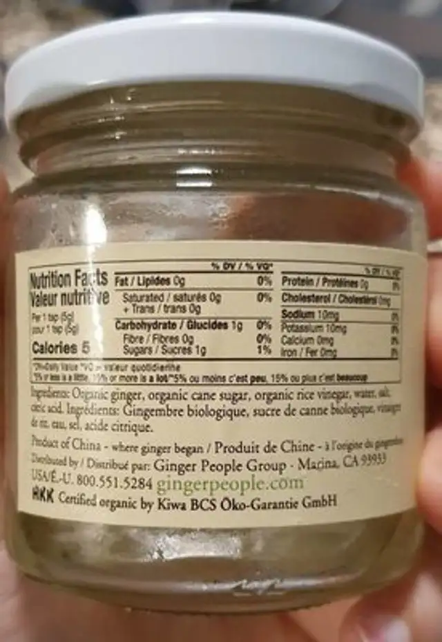 Pickled Ginger nutrition facts table