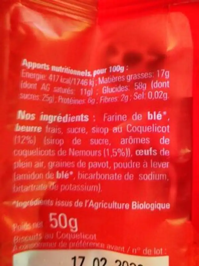 biscuits au coquelicot de Nemours nutrition facts table