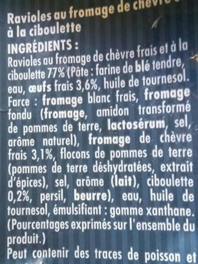 Ravioles à poêler ingredients label