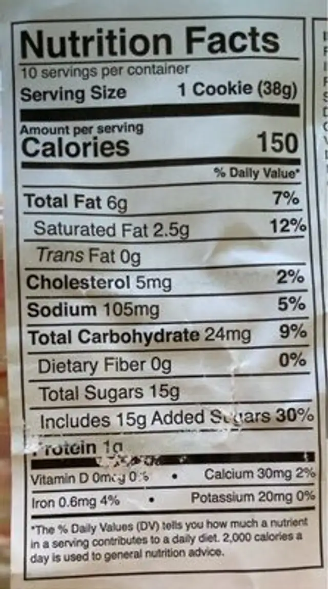 Sugar Cookies nutrition facts table