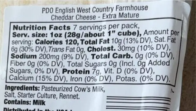 Extra Mature Cheddar nutrition facts table