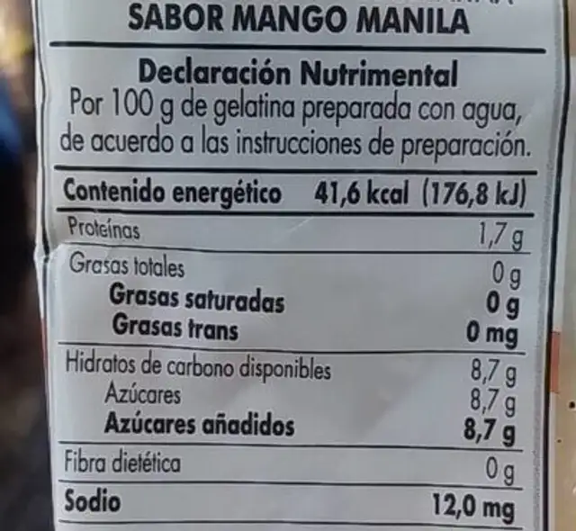 Gelatina nutrition facts table