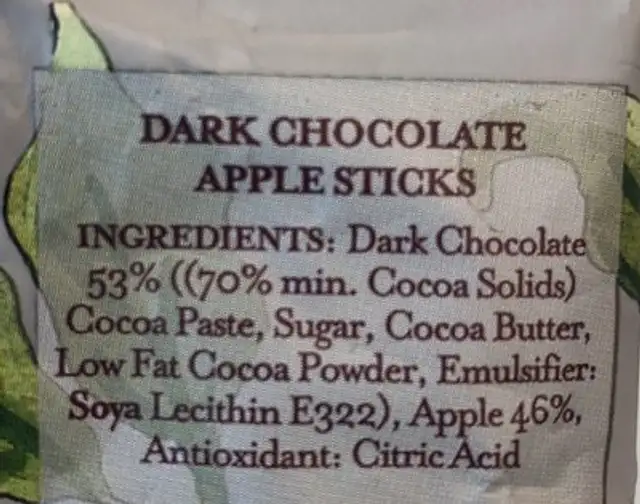 Dark chocolate apple stick ingredients label