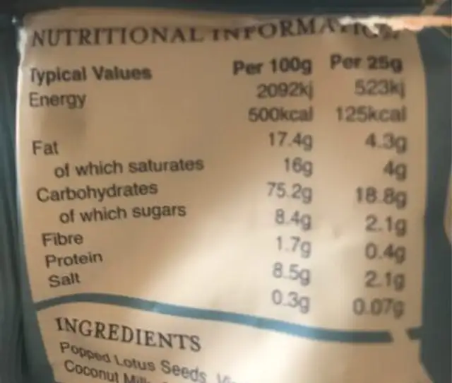 Popped lotus seeds nutrition facts table