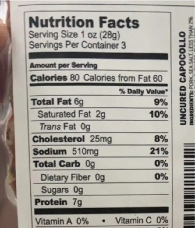Capocollo nutrition facts table