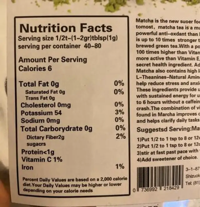 Matcha nutrition facts table